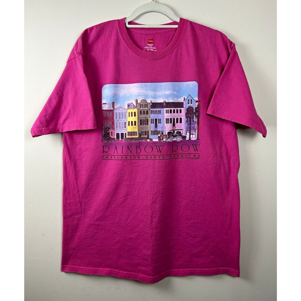 Vintage Hanes Rainbow Row Charleston SC City 100% Cotton Graphic Tee L Pink